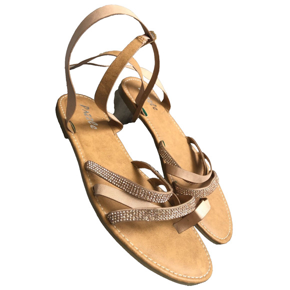 Dazzle Tan Rose Gold Rhinestone Cross Strap Toe Loop Sandal Size 8.5 - Picture 2 of 9